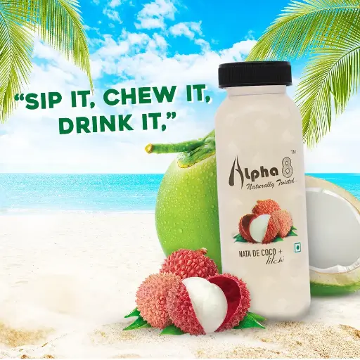 ALPHA 8 FRUIT Juice with NATA De Coco Coconut Cubes Natural Energizer & Immunity Booster, Healthy Juice, High Fiber, Real Natural Taste (Litchi Juice, Pack of 12)